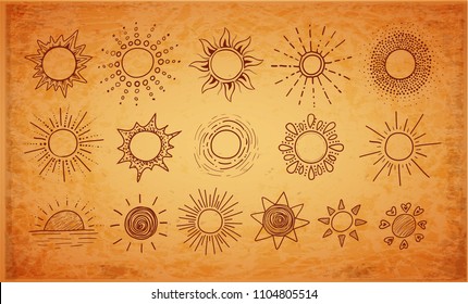 Doodle sketches of sun on vintage background.