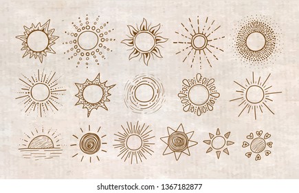 Doodle sketches of sun on vintage background.