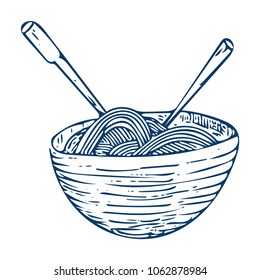 Doodle Sketchy Illustration: Hand drawn Chinese style noodle bowl with sticks isolated. Doodle Noodle Bowl Sketch etching Icon.
