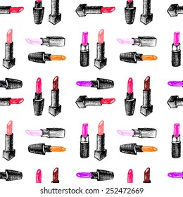 Doodle sketchy lipsticks seamless pattern.
