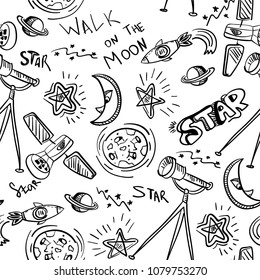 Doodle sketchy rustic space. Seamless pattern.