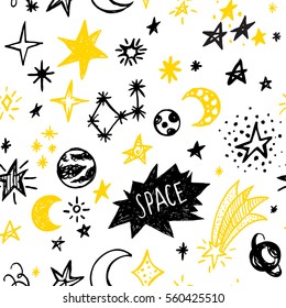 Doodle sketchy rustic space. Seamless pattern.