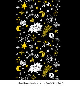 Doodle sketchy rustic space. Seamless border.