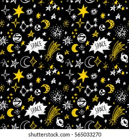 Doodle sketchy rustic space. Seamless pattern.