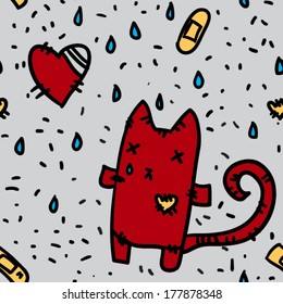 Doodle sketchy simple vector illustration: seamless pattern with heartbroken cat