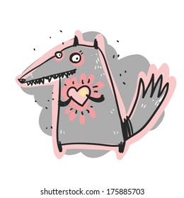 Doodle sketchy simply vector illustration: cute valentine wolf