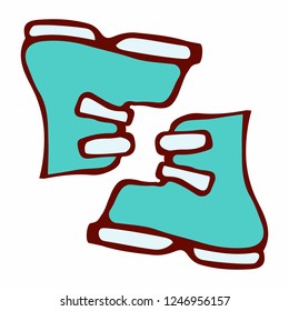 Doodle ski boots. Bright color isolated on white background. Vector illustration.