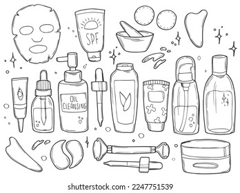 Doodle skin care cosmetics set. Beauty set. Skin care and beauty signs, spa salon and self-care icons. Vector doodle illustration