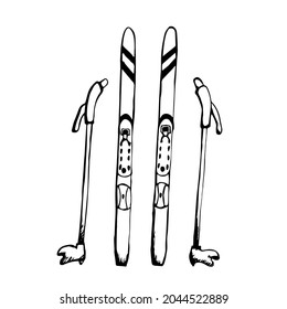 Doodle skis. Skis black outline vector illustration.