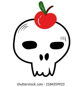 Doodle skull with apple on head illustration. Halloween vector icon. Spooky scary set. Black line art on white background.