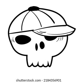 Doodle skull with cap illustration. Halloween vector icon. Spooky scary set. Black line art on white background.