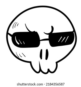 Doodle skull with glasses illustration. Halloween vector icon. Spooky scary set. Black line art on white background.