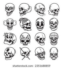 Doodle skull hand drawn vector set