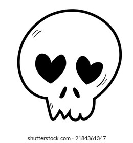 Doodle skull with heart shaped eyes illustration. Halloween vector icon. Spooky scary set. Black line art on white background.