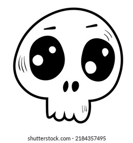 Doodle skull illustration. Halloween vector icon. Spooky scary set. Black line art on white background.