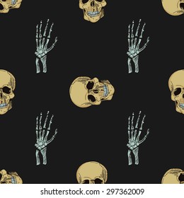 doodle skull pattern repeat wallpaper in black. Skull background. Skull background vector.