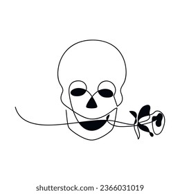 Doodle skull rose flower icon. Vector line drawing. Scary face cartoon illustration. Hand drawn linear skeleton head. Graphic design, print, banner, card, brochure, poster, black logo, sign, symbol.