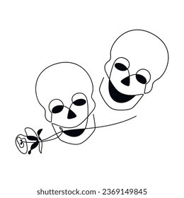 Doodle skull rose flower icon. Vector line drawing. Scary face cartoon illustration. Hand drawn linear skeleton head. Graphic design, print, banner, card, brochure, poster, black logo, sign, symbol.