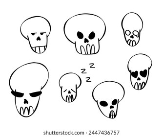 Doodle skull set, great design for any purposes. vector set of isolated skull heads and bones with a pattern of dots. hand drawn doodle style skull and crossbones with black line on white background