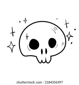 Doodle skull with stars illustration. Halloween vector icon. Spooky scary set. Black line art on white background.