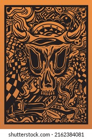 doodle skulls. vector illustration of bull skull and ornament. automotive doodle skulls concept. suitable to print on t-shirt, wall art and any merchandise 