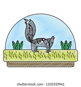 doodle skunk cute animal in the countryside and plants