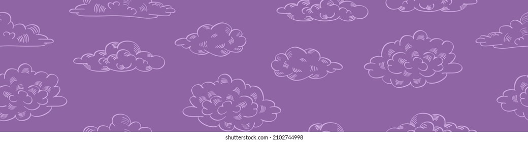 Doodle sky background. Seamless pattern with hand drawn clouds on purple background. Vector illustration.