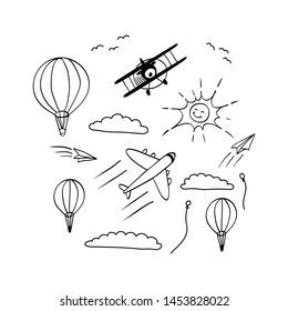 Doodle sky. Hand drawn black objects on white background. Outline vector illustration.