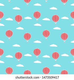 Doodle sky seamless pattern. Reapeated ornament with hand drawn hot air balloons and clouds. Vector illustration.