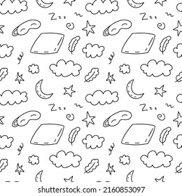 Doodle sleep night items seamless pattern. Hand drawn sleeping elements pattern