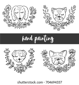 Doodle sleeping animals, hand-painted dog and cat