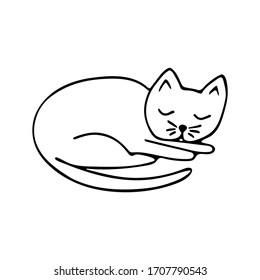 Doodle sleeping cat black and white illustration on white background. Cute animal vector