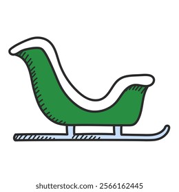 Doodle sleigh icon vector isolated. Hand-drawn green sledge. Winter season, decoration for Christmas.