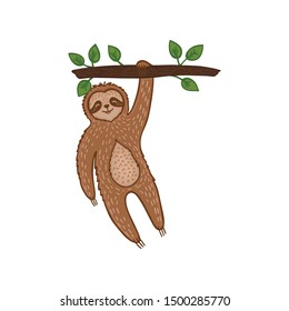 Doodle sloth bear  Cute cartoon character. Sketch tropical animal. Hand drawn vector illustration isolated on white background. 