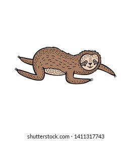 Doodle sloth bear for print design, poster, t-shirt. Cute cartoon character. Sketch tropical animal. Hand drawn vector illustration isolated on white background.