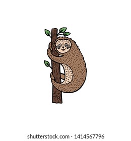 Doodle sloth bear for print design, poster, t-shirt. Cute cartoon character. Sketch tropical animal. Hand drawn vector illustration isolated on white background. 