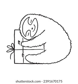 Doodle sloth with gift. Cute baby animal illustration. Doodle holidays