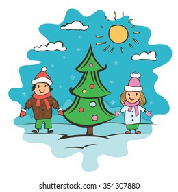doodle small child drawing. card with children and Christmas tree. vector illustration