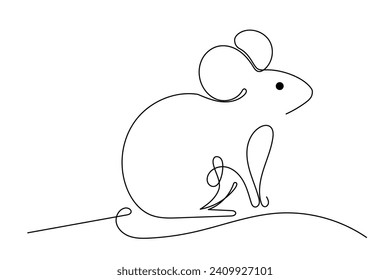 Doodle Small Cute Mouse Animal One Line Drawn Contour Sketch. Little Mouse Pet Symbol Icon. Cute Line Outline Mouse Portrait Logo Isolated On White Background. Coloring Book Page Sketch Drawn Art