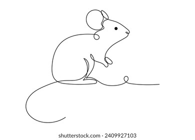 Doodle Small Cute Mouse Animal One Line Drawn Contour Sketch. Little Mouse Pet Symbol Icon. Cute Line Outline Mouse Portrait Logo Isolated On White Background. Coloring Book Page Sketch Drawn Art