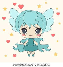 Doodle Small Fairy Tale Girl Kawaii Cute Character Portrait Drawn Fairy Princess Kawaii Magic Avatar Icon Symbol Element Print
