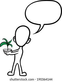 doodle small person - holding green small plant