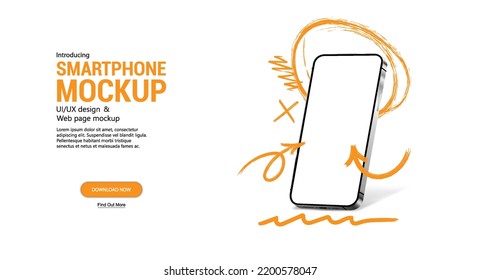 Doodle Smartphone with blank screen in perspective. Mobile Phone Mockup with grunge lines and arrows. 3D template Smartphone for poster, banner, advertising. Blank screen cellphone. Realistic vector