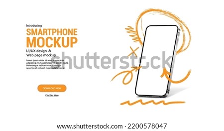 Doodle Smartphone with blank screen in perspective. Mobile Phone Mockup with grunge lines and arrows. 3D template Smartphone for poster, banner, advertising. Blank screen cellphone. Realistic vector