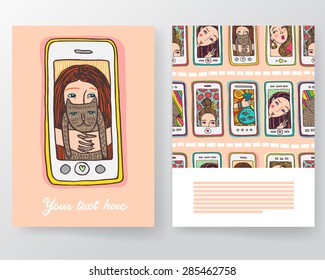 Doodle smartphone brochure template with seamless pattern.