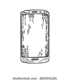 Doodle smartphone cellular device in sketchy doodle scribble style. Engraved monochrome drawing of a mobile phone in black and white colors with blank space for text.
