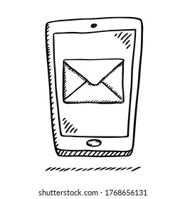 Doodle de smartphone con mensaje de correo electrónico en pantalla. Ilustración vectorial de doodle dibujado a mano.