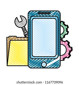 doodle smartphone with folder file and industry equipment