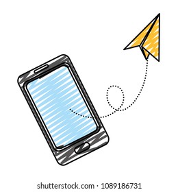 doodle smartphone technology communication with paper plane