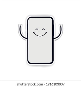 Smartphone Doodle con pantalla blanca sonriendo con dos manos levantadas. Marco vectorial negro de teléfono menos inteligente más ruta de desvío blanco, teléfono aislado en fondo blanco